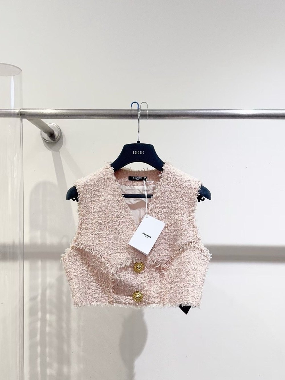 Balmain Cream Blush Bouclé Cropped Vest with Label